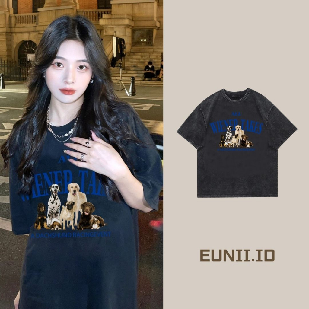 EUNII T-shirt Lengan Pendek Black Washed Cartoon Cow Dog Family Printing Korean Style/Kaos Atasan Wanita/Baju Wanita/Kaos Wanita