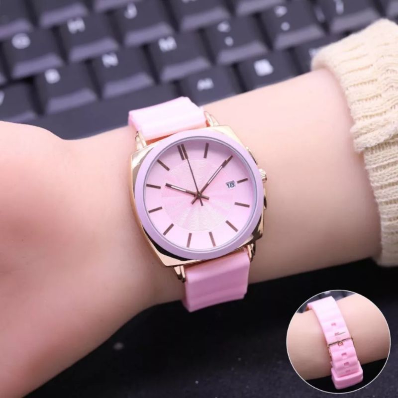 (Cod)Jam Tangan Wanita FSL Bulat Tanggal Aktif Strap Rubber/Karet(Dikirim Jakarta)