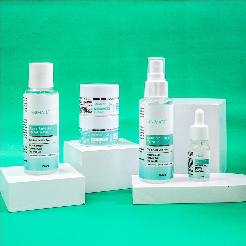 ANIMATE Acne Solution Series Paket 5in1 Facial Wash Toner Serum Day Night Cream Skincare Wajah