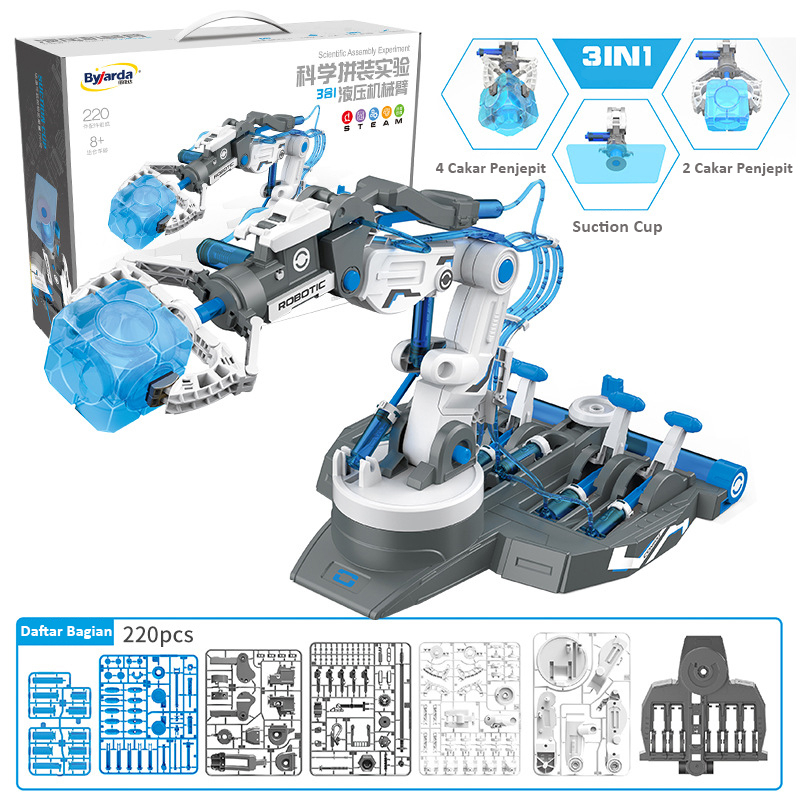 LNR Shop Set Mainan Robot Hidrolik 3 in 1 Lengan Robot Putar 180 Derajat Mainan Lengan Robot Rakitan DIY Mainan Batang Lengan Robot Hidrolik Mainan Pendidikan Kreatif Mainan Robot Kit Sains Mainan Blok Bangunan untuk Anak Anak