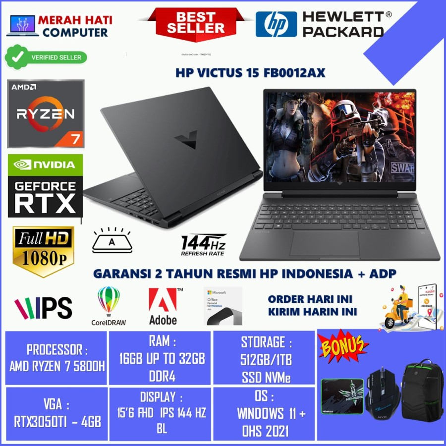 LAPTOP GAMING HP VICTUS 15 FB0012AX AMD RYZEN 7 5800H 32GB 512GB RTX3050TI-4GB FHD IPS 144HZ BACKLITE WIN11HOME + OHS MICA SILVER ORIGINAL TERMURAH
