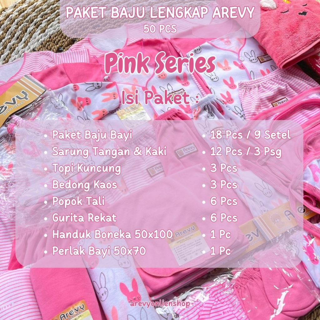 Arevy Babywear Paket Baju Bayi 50 Pcs Seri Pink Paket Hemat Super Lengkap Murah Berkualitas Komplit Perlengkapan Baby Newborn 0-3 Bulan