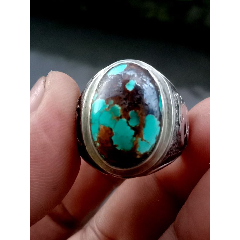 Natural batu pirus Persia ceplok ring perak 925 jaminan batu asli