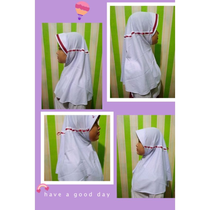 Jilbab Sekolah SD Putih Pita Merah Ukuran S & M.