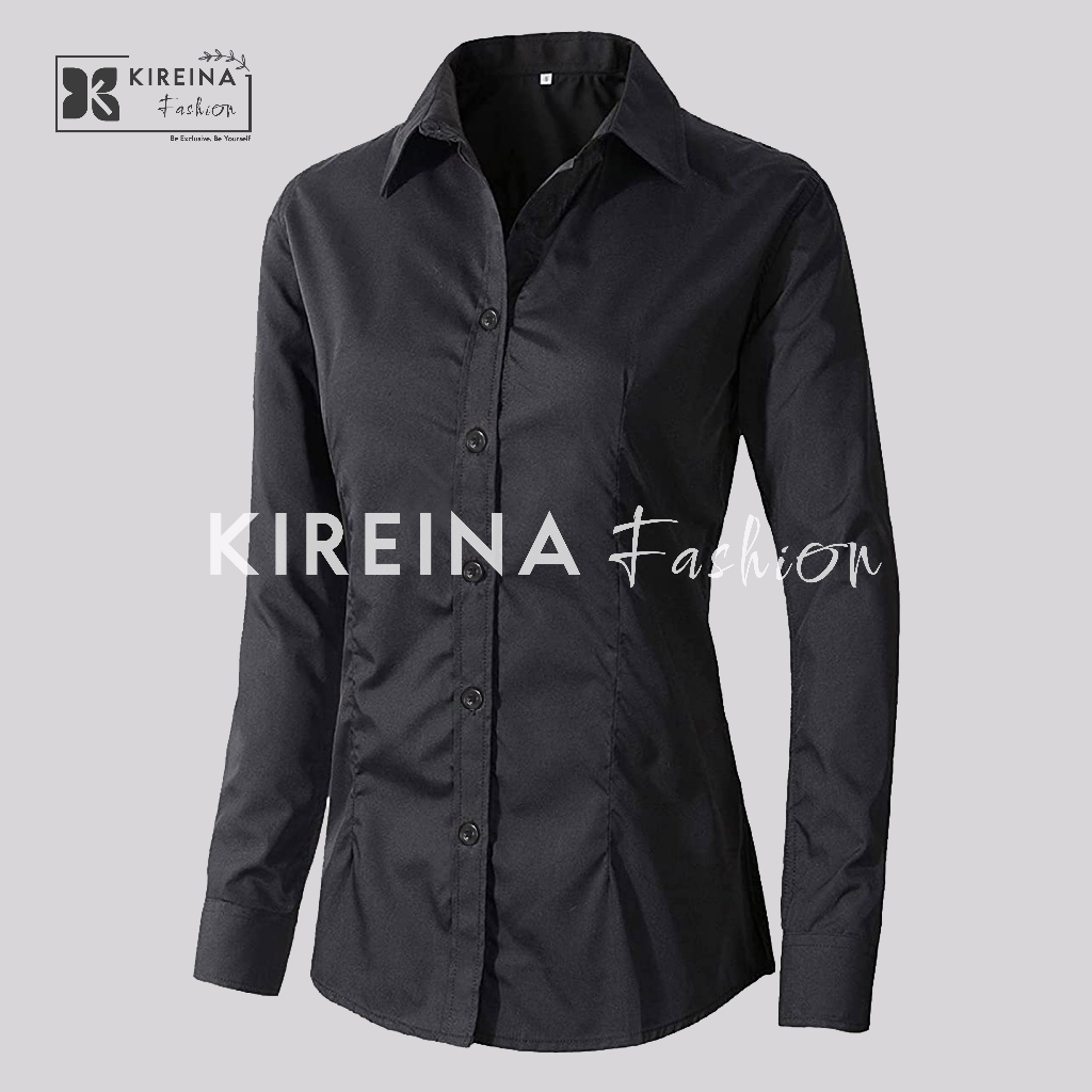 Baju Kemeja Putih Wanita Lengan Panjang Formal Hem Cewek Polos Bahan Melar - KIREINA