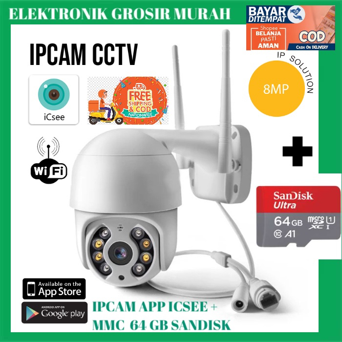 [ IPCAM ICSEE + MMC 64 SANDISK ] Ipcam CCTV kamera keamanan full HD 1080 P aplikasi ICSEE outdoor/indoor.