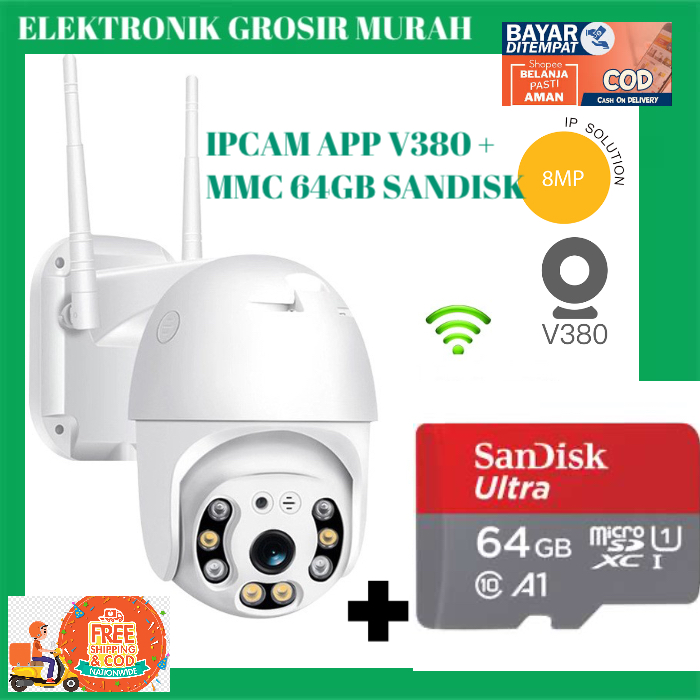 [ IPCAM 2.5 “ V380 + MMC 64 GB SANDISK ] Ipcam Kamera cctv PTZ 2antena 8MP Uk besar 2.5 &quot; with infrared outdoor