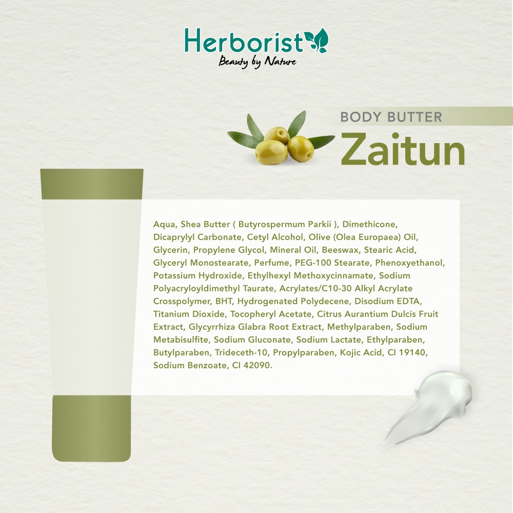 HERBORIST Body Butter Zaitun Indonesia / 80g / Shea Butter / Deep Moisturizing &amp; Revitalise Dehydrated Skin / Melembabkan Mencerahkan Menutrisi / Strawberry Sorbet Frangipani Chocolate Coconut Matcha Milk Mango Banana Skincare Care Lotion Gel Scrub Tubuh