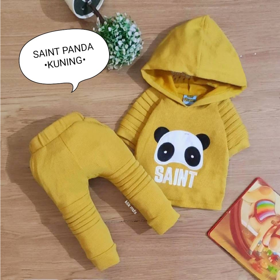 Setelan Anak Laki - Laki / Baju Bayi Cowok Hoodie Pendek  Celana Panjang Bahan Waffle Motif Saint Hood Usia 6 Bulan - 3 Tahun