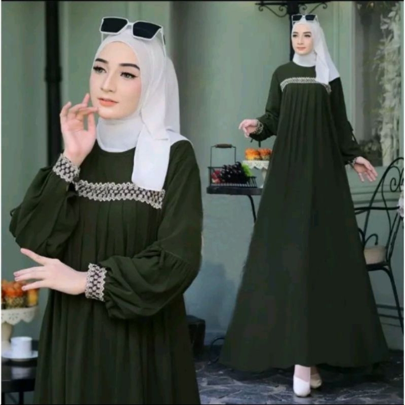 Medina dress Baju gamis wanita bahan cringcle air flow mix renda tangan balon all size