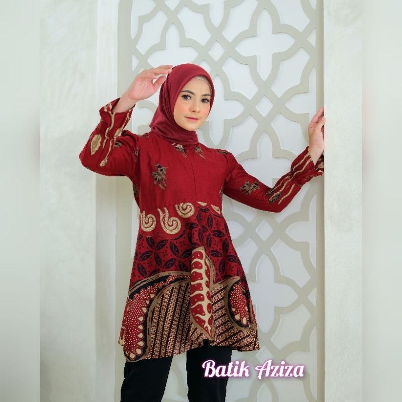 Atasan Batik Modern Wanita Model Peplum Lengan Puffy Tunik Mahesa by Batik Aziza