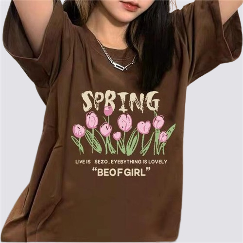 XIAOZHAINV Korean Style Tulip Pattern Washed Printing Kaos Wanita A0019