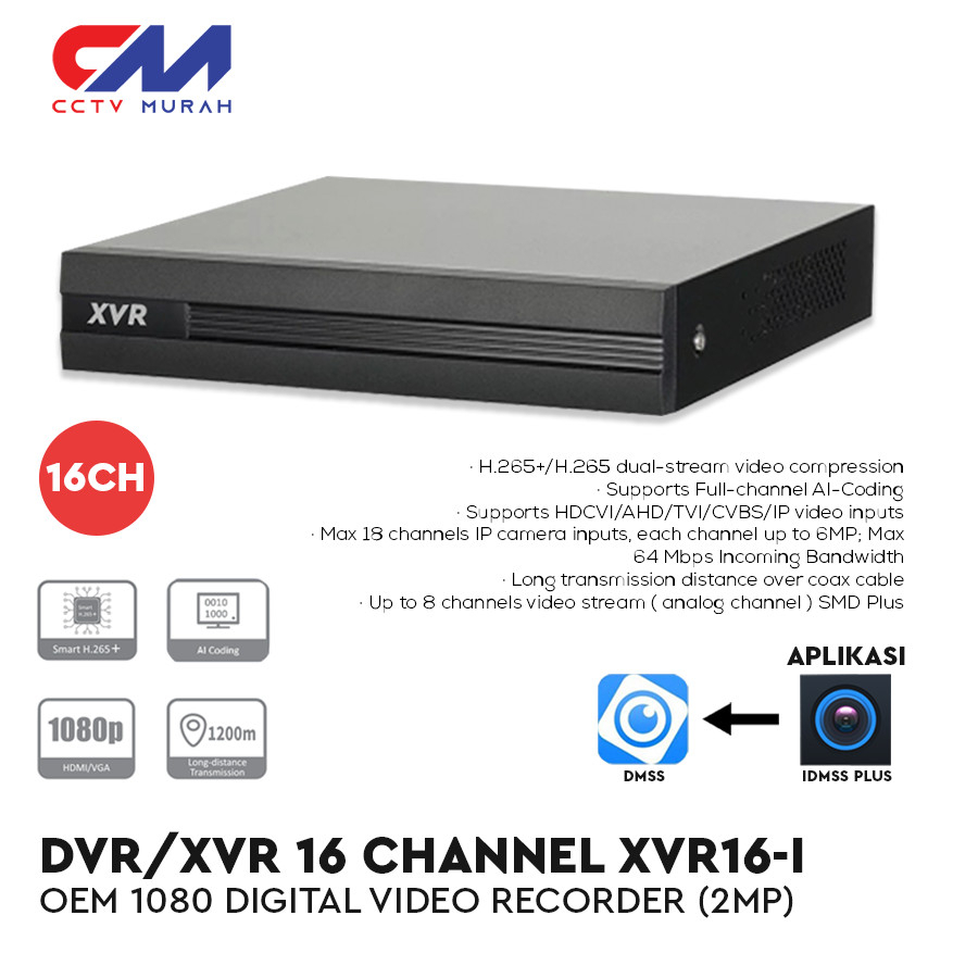 DVR/XVR 16 Channel, AI Coding H265+ 16CH Resolusi 2MP Support Audio