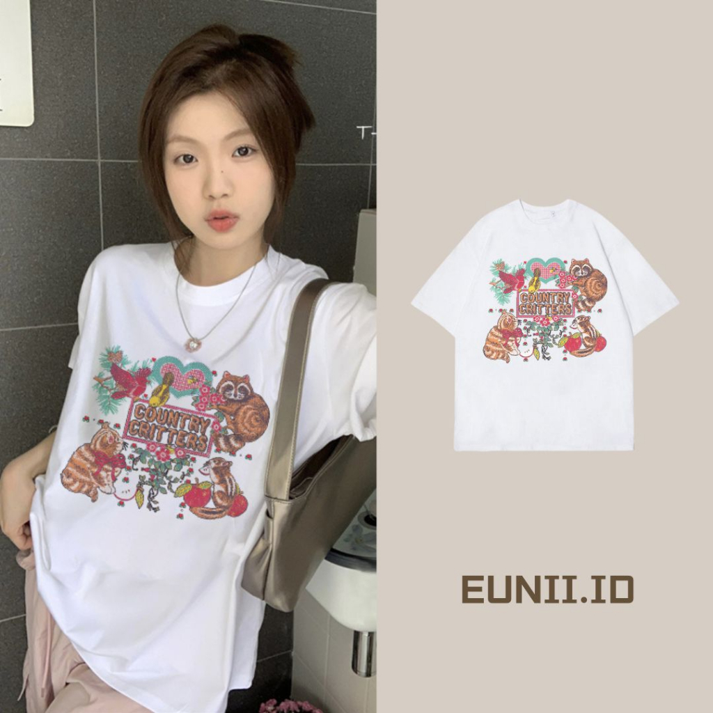 EUNII T-shirt Lengan Pendek Cartoon Cat Story Painting Printing Korean Style/Kaos Atasan Wanita/Baju Wanita/Kaos Wanita