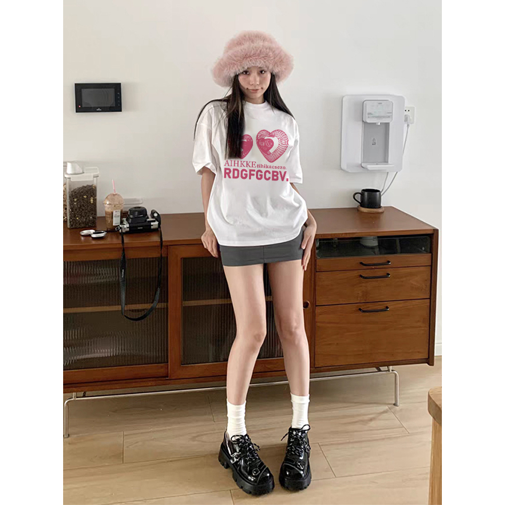 EUNII T-shirt Lengan Pendek Cartoon Pink Heart Printing Korean Style/Kaos Atasan Wanita/Baju Wanita/Kaos Wanita