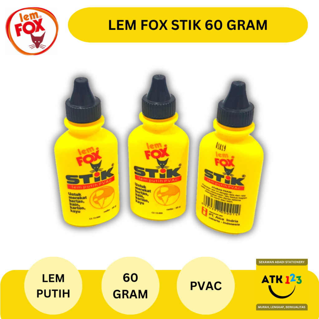 Lem Fox Stik / Lem Putih / Lem Kertas Putih Merk Fox Botol 60 gram