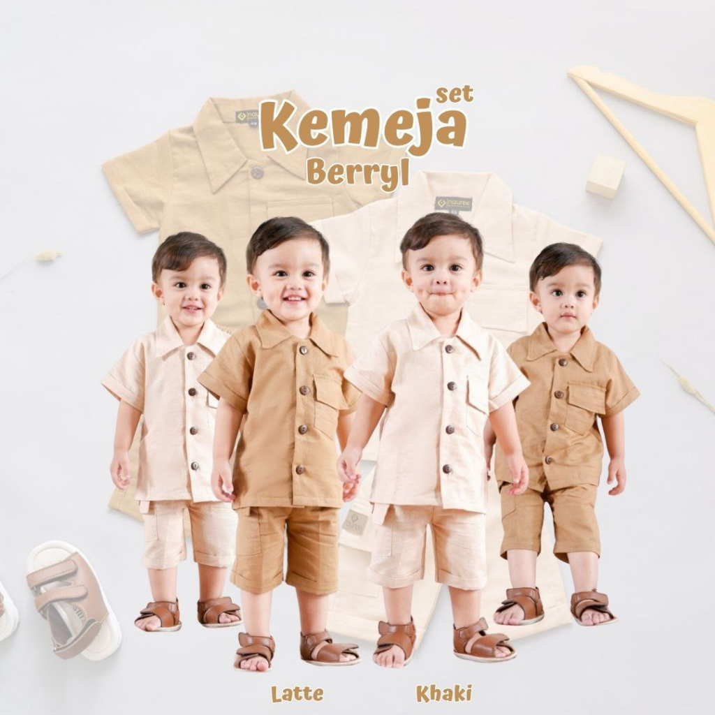 Nauree - Setelan Kemeja Berryl Celana Pendek Selutut Untuk Umur 3 Bulan 1 2 4 5 6 Tahun Bahan Katun Linen Tampil Modis Stylish Nyaman Tersedia Kantong dan Saku Tebal Kualitas Premium