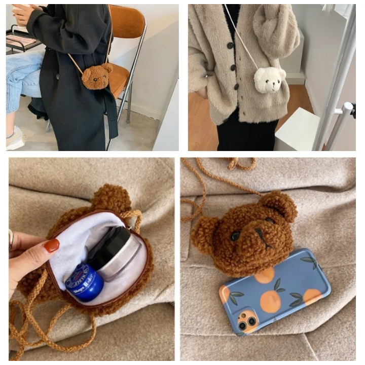 GGS Tas Selempang Boneka Mini Tas Wanita Teddy Bear Mini  Selempang Bulu gaya ala korea 2023