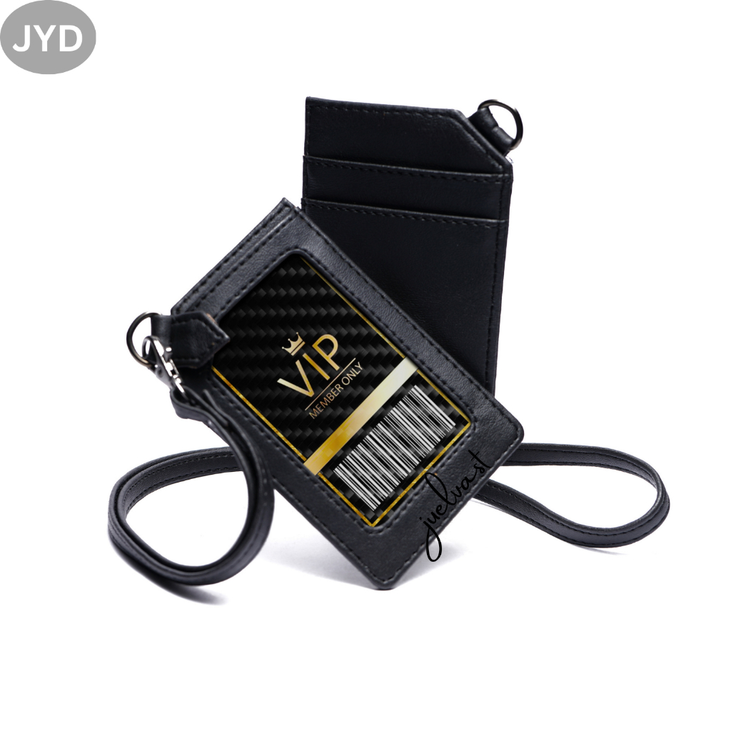 JYD - Name Tag Holder Kulit PU Leather 3 Slot Kartu  - Id Card Holder Kulit PU Leather - Lanyard Kulit PU Leather