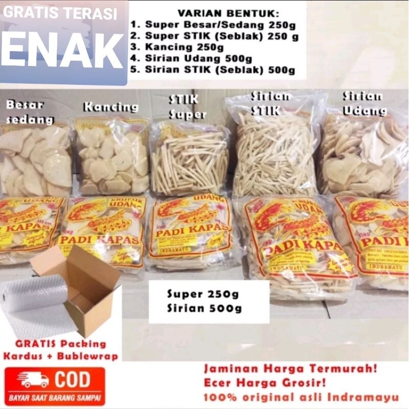 

TERMURAH KERUPUK UDANG PADI KAPAS 250gram SUPER KANCING, SEDANG, BESAR , SUPER STIK GRATIS TERASI KHAS CIREBON