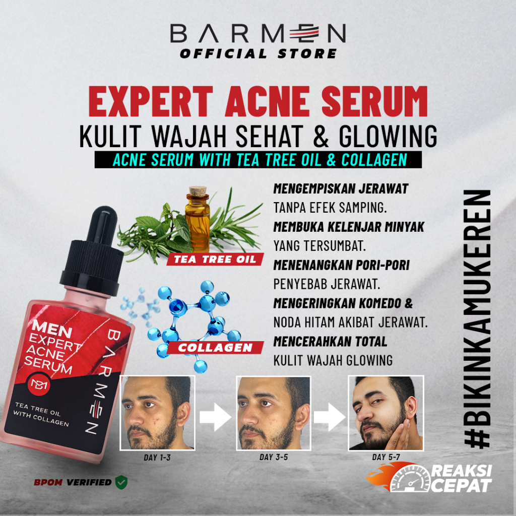 (PAKET 2 SERUM WAJAH) BARMEN Serum Anti Acne With Collagen,Tea Tree Oil and Sulfur Perawatan Wajah Pria Berjerawat