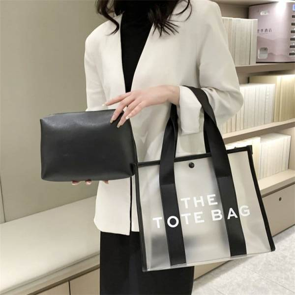 BJ64239 (2IN1) - BLACK/WHITE TAS SLEMPANG JINJING TOTEBAG HANDBAG TAS WANITA TRANSPARAN FASHION IMPORT MODIS ELEGAN TERMURAH TERLARIS TERBARU BAGSTORE JAKARTA TAS BATAM   ZCJ4239