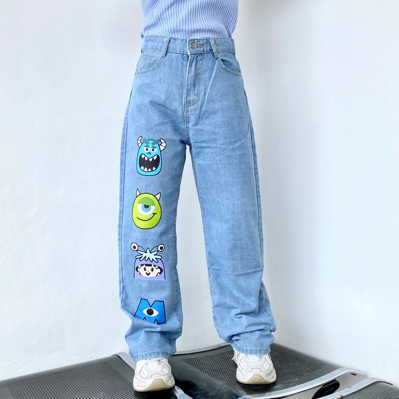 MONSTER INC JEANS/ PRINTED JEANS / Jeans motif powerpuff / jeans gambar /painted jeans /jeans lukis