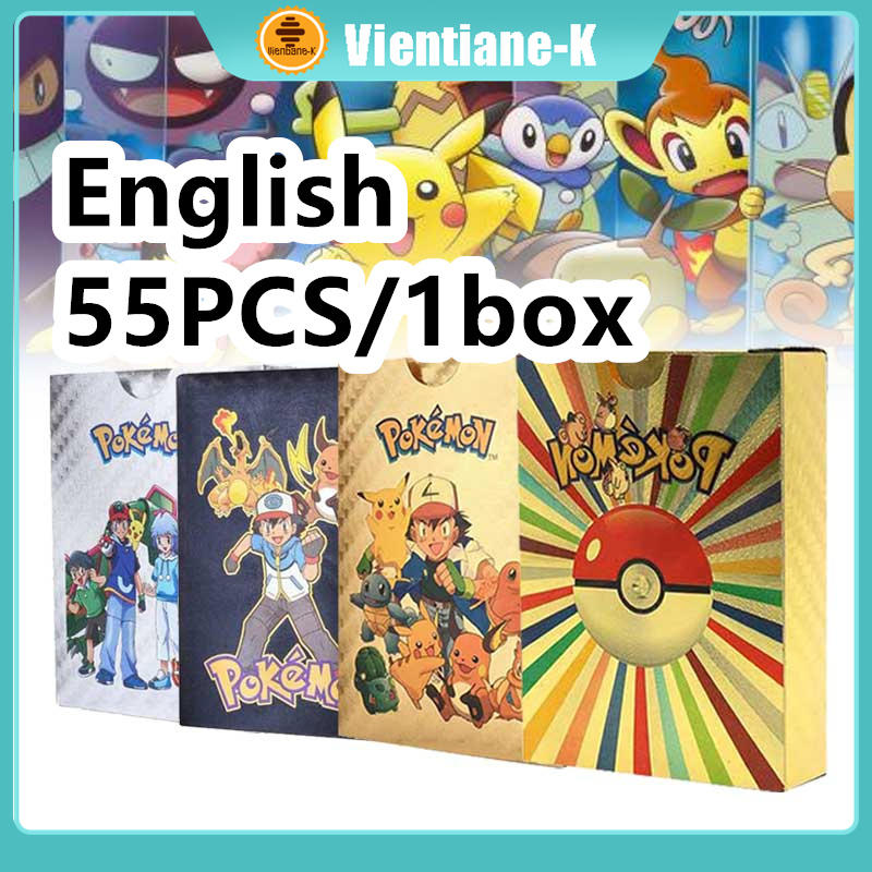 55pcs 1 box Original  Langka Kartu Pokemon Cards Emas Hitam Go Pikachu Bahasa Inggris Bahan Metal Go