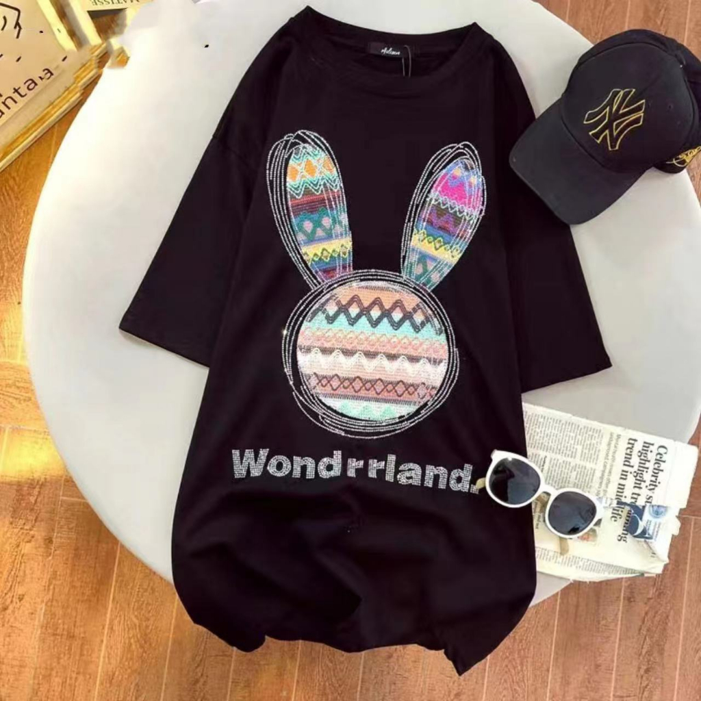 2023 OVERSIZE100% kaos wanita katun murni lengan pendek berlian desain kelinci lucu trendi tipis serbaguna