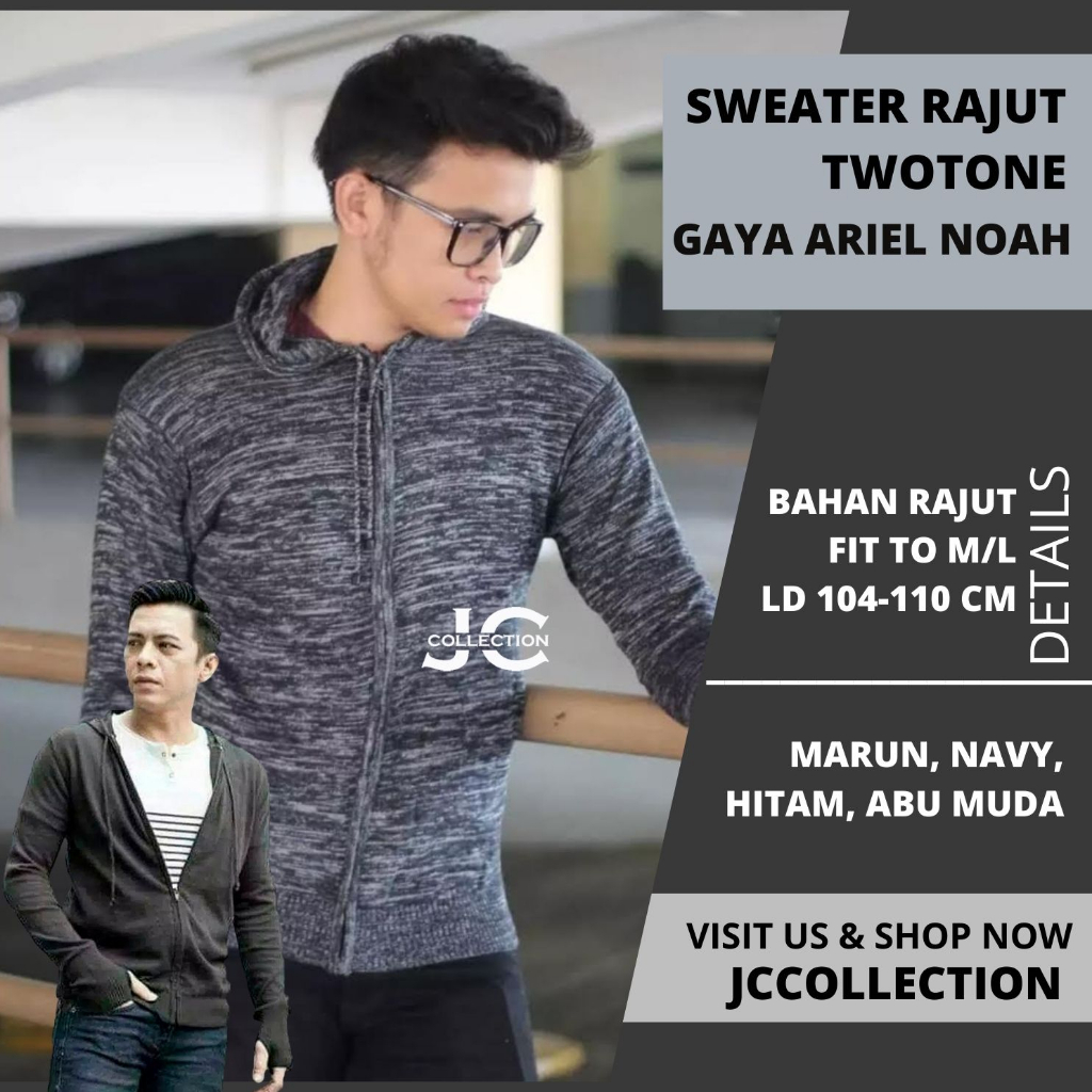 Jaket Hoodie Twotone Pria Jempol Arriell Twist Knitting Outer Jacket Sweater Roundhand