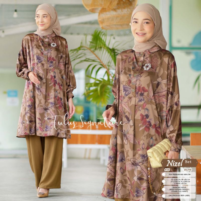 NIZEL SET #10 BY TULUS SIGNATURE / ONESET MOTIF MUSLIMAH / Setelan celana wanita bahan silk