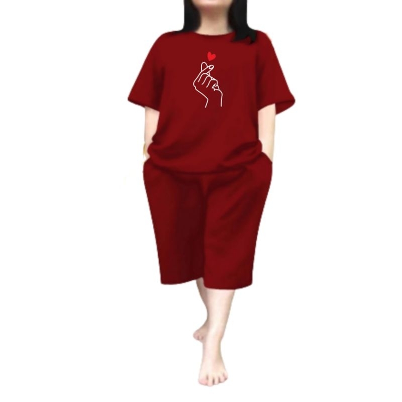 Setelan Kaos Wanita Celana Pendek 3/4 Terbaru 2023 One Set Wanita Dewasa Kekinian Viral Sarange Love