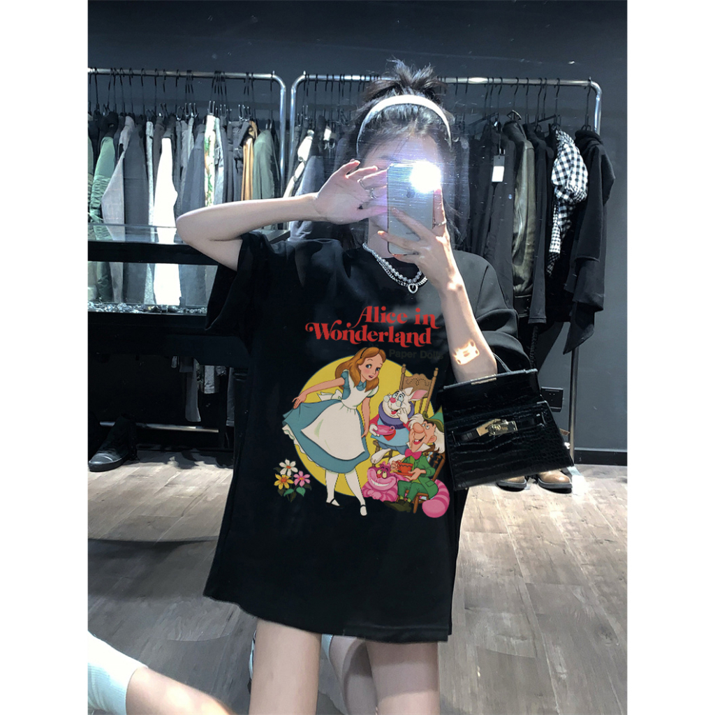 Kemeja oversize wanita lengan pendek heart graffiti print Alice In Wonderland T-shirt import kaos wanita korean style premium kaos hitam ootd