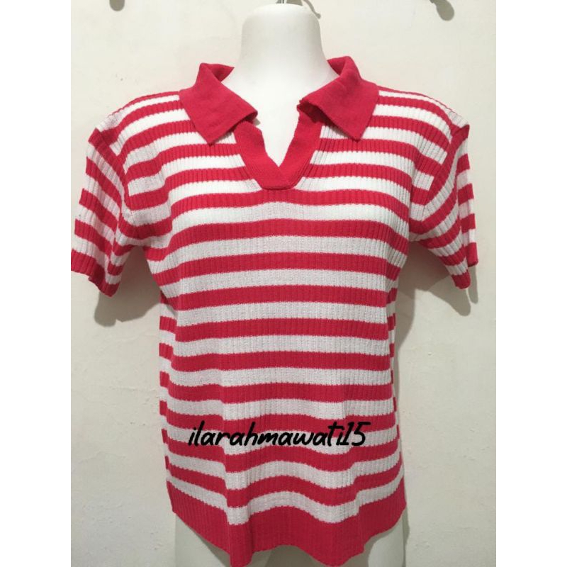 Atasan rajut kerah polo motif salur/vneck croptop blouse rajut