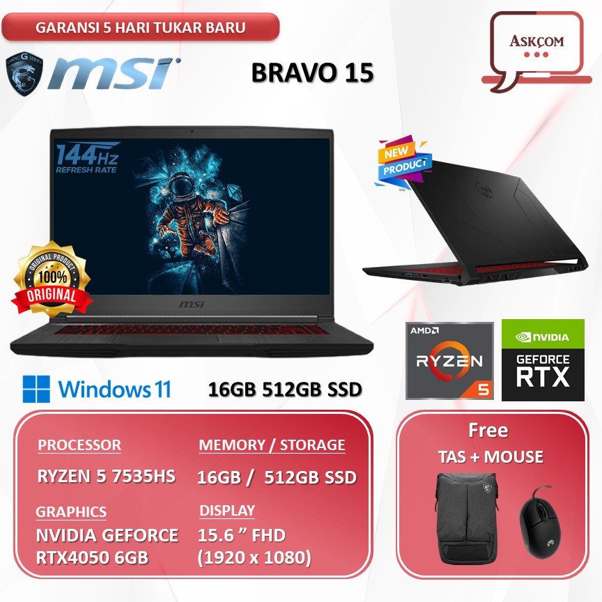 Laptop Gaming MSI Bravo 15 RTX4050 6GB RYZEN 5 7535HS 16GB 512GB SSD W11 15.6FHD IPS 144HZ BLIT C7VE.028