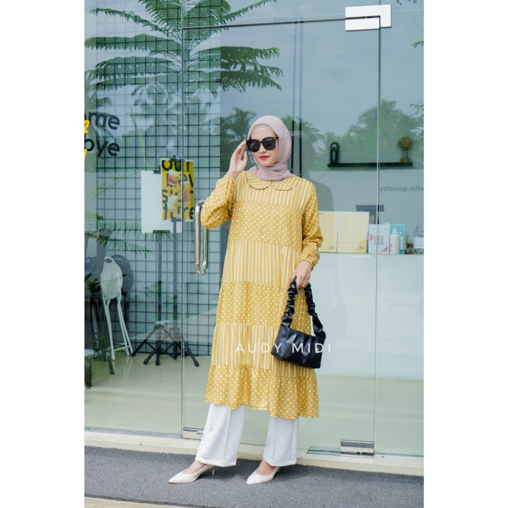 Audy Midi Dress Garis Polkadot Selutut Tunik Wanita Kuning Kunyit