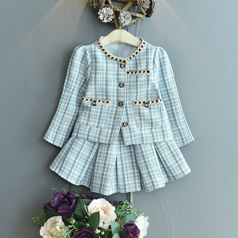 Setelan Anak Perempuan Rok Tweed Woll Motif  Kotak Biru Pocket Off Button