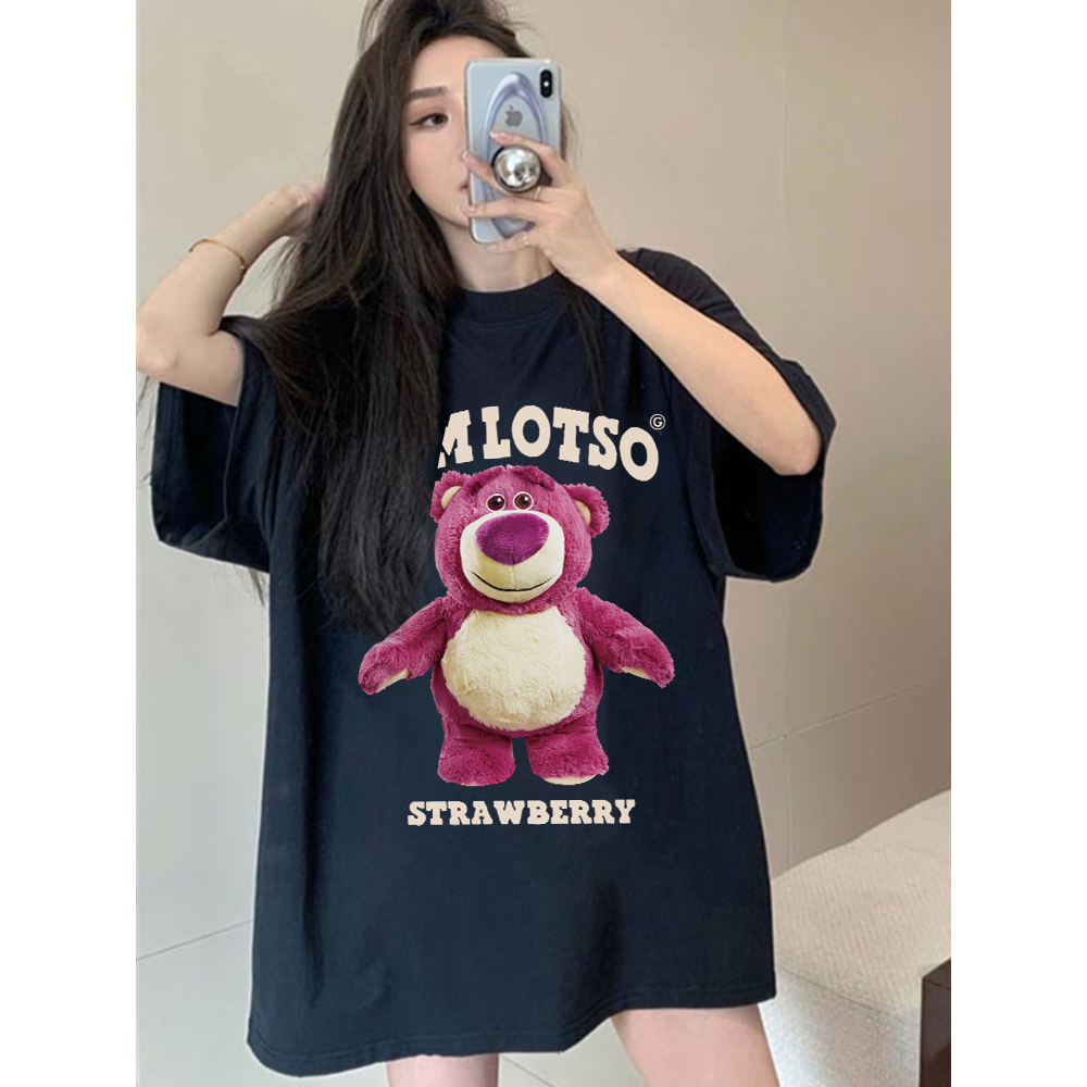 kaos atasan wanita korean style lengan pendek oversize Cute Bear graphic printing retro kaos hitam