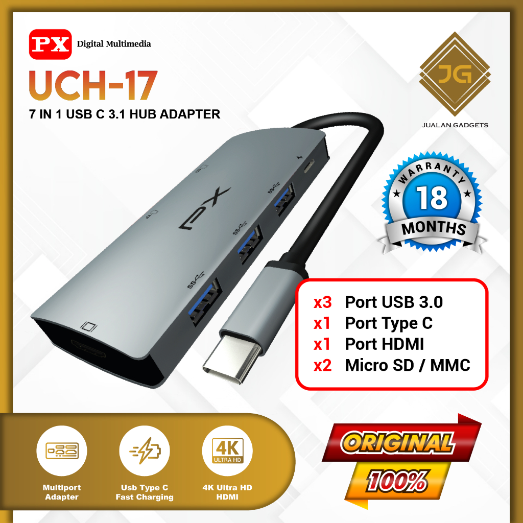 PX UCH17-USB Hub Type C Converter Laptop to SD Card 7in1