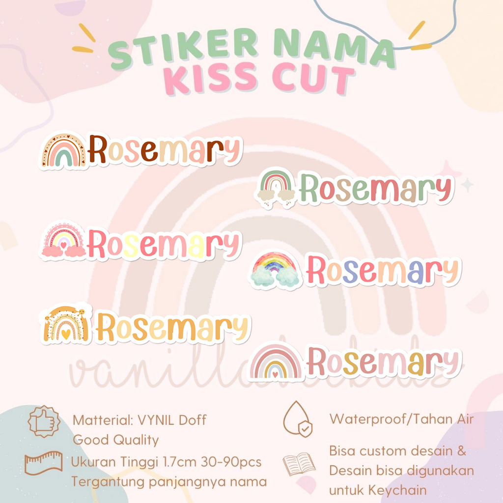 

Stiker Kiss Cut RAINBOW Label Nama Waterproof Tahan Air