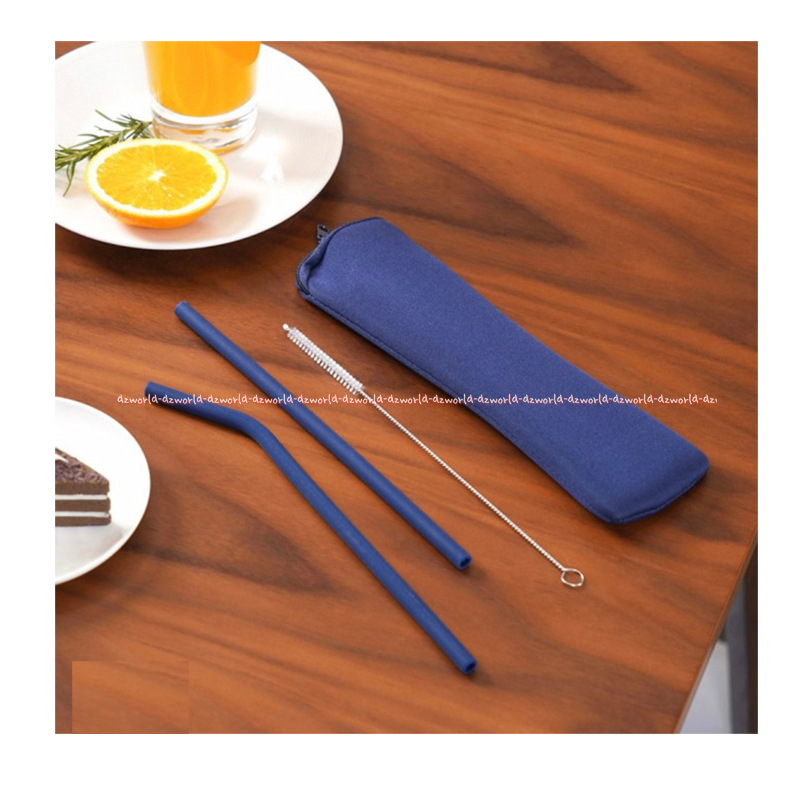 Ataru Reusable Silicone Straws Sedotan Silikon Biru Dengan Sikat Pembersih 3pcs Food Grade Sedotan Tekuk Lurus Blue Straw