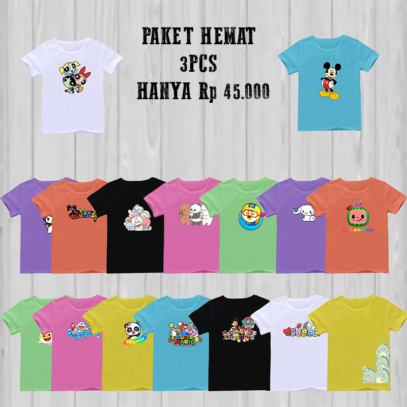Paket Hemat Beli 3Pcs ( XL )  Pakaian Anak Cowok - Cewek Motif Random Bahan Katun