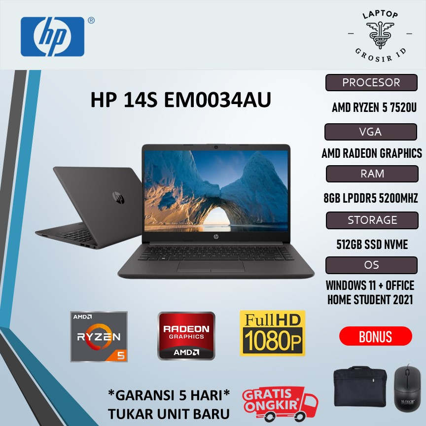 Laptop HP 14 EM0034AU RYZEN 5 7520U 8GB 512SSD RADEON 610M W11+OHS 14.0FHD IPS BLK