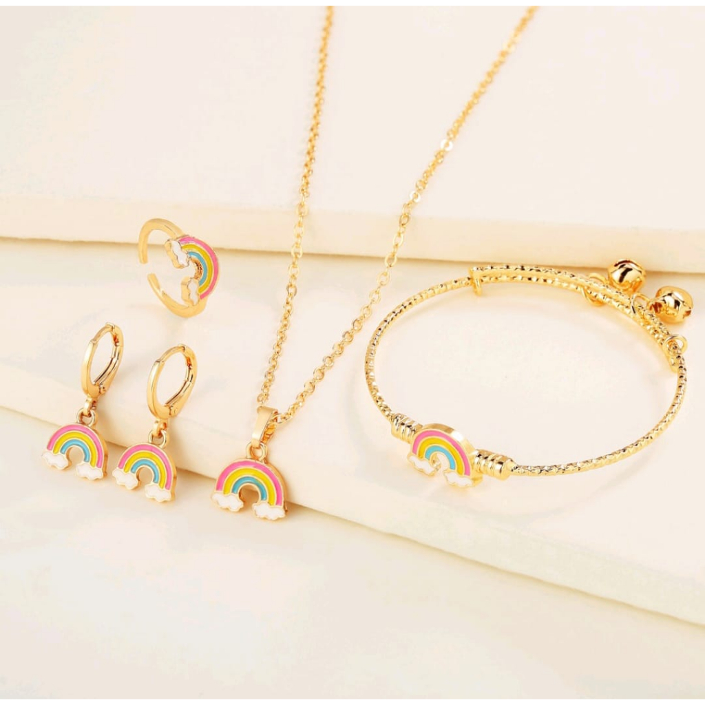 Set Perhiasan Anak Titanium Asli Gelang Cincin Anting Set Anti Karat Aksesoris Anak Perempuan Kalung