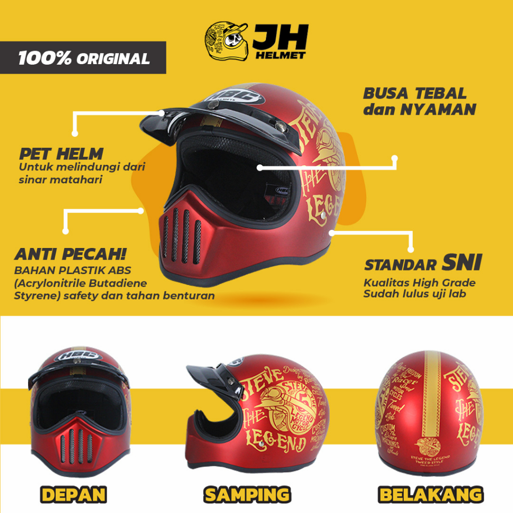 Helm Cakil HBC Steve Maroon Doff + FREE GOGGLE | Retro Full Face | JUAL HELM