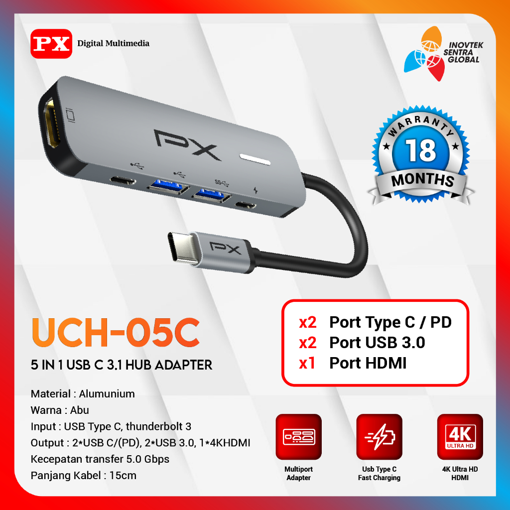 PX UCH05C 5 in 1 Type C To 4K Hub Converter Multiport Adapter