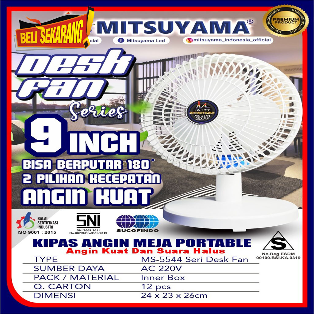 Kipas Angin Meja-DINDING 2IN1 Mitsuyama 9 inch MS-5544 Desk Fan /WALFAN Kipas Duduk 9&quot; SNI Original MANTAP