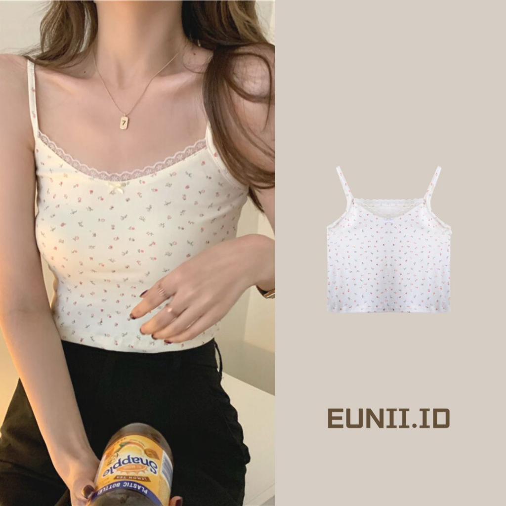 EUNII V-neck Tanpa Lengan Kasual Bunga Tank crop top Knit