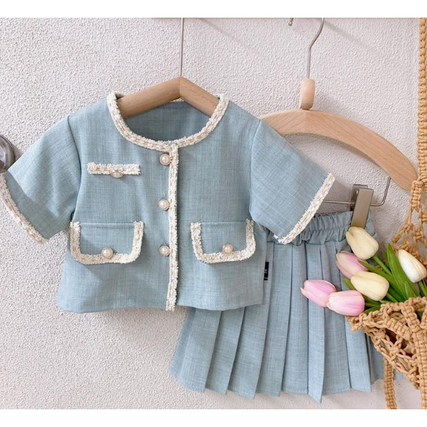 Setelan Anak Perempuan Blue Classic Short-Sleeved Bludru+Pleated Skirt