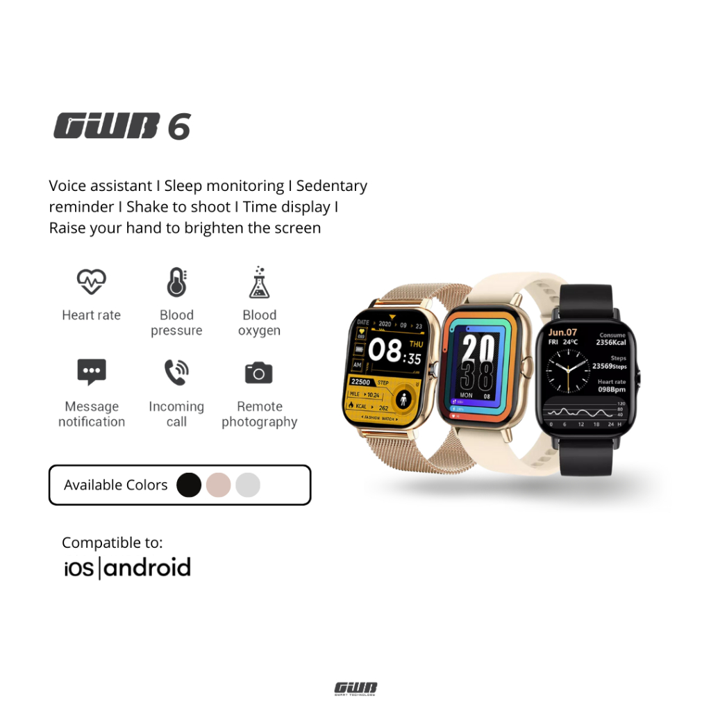 GWB 6 Smartwatch Original Magnetic Charging Kalkulator EKG HeartRate Sports Mode [FREE STRAP]